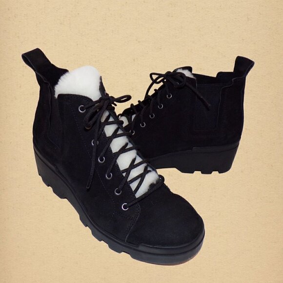 Eileen Fisher Calm Hiker Shearling Trim Bootie Black Suede Wedge Size 7.5 - Picture 1 of 6